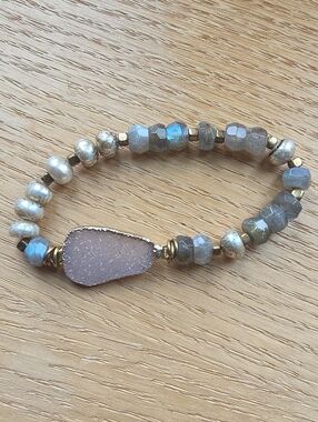 Artisan Labradorite & Lavender Druzy Quartz Beaded Stretch Bracelet